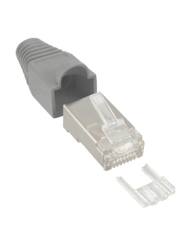 Conector De Crimpado Inline Rj45 8p8c Blindado Con Enhebrador + Protección Contra Dobleces Gris 10 Uds.