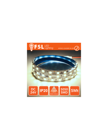 Strip Led 5050 - 5mt 12w 1100lm 6500k 24v Ip20 60led